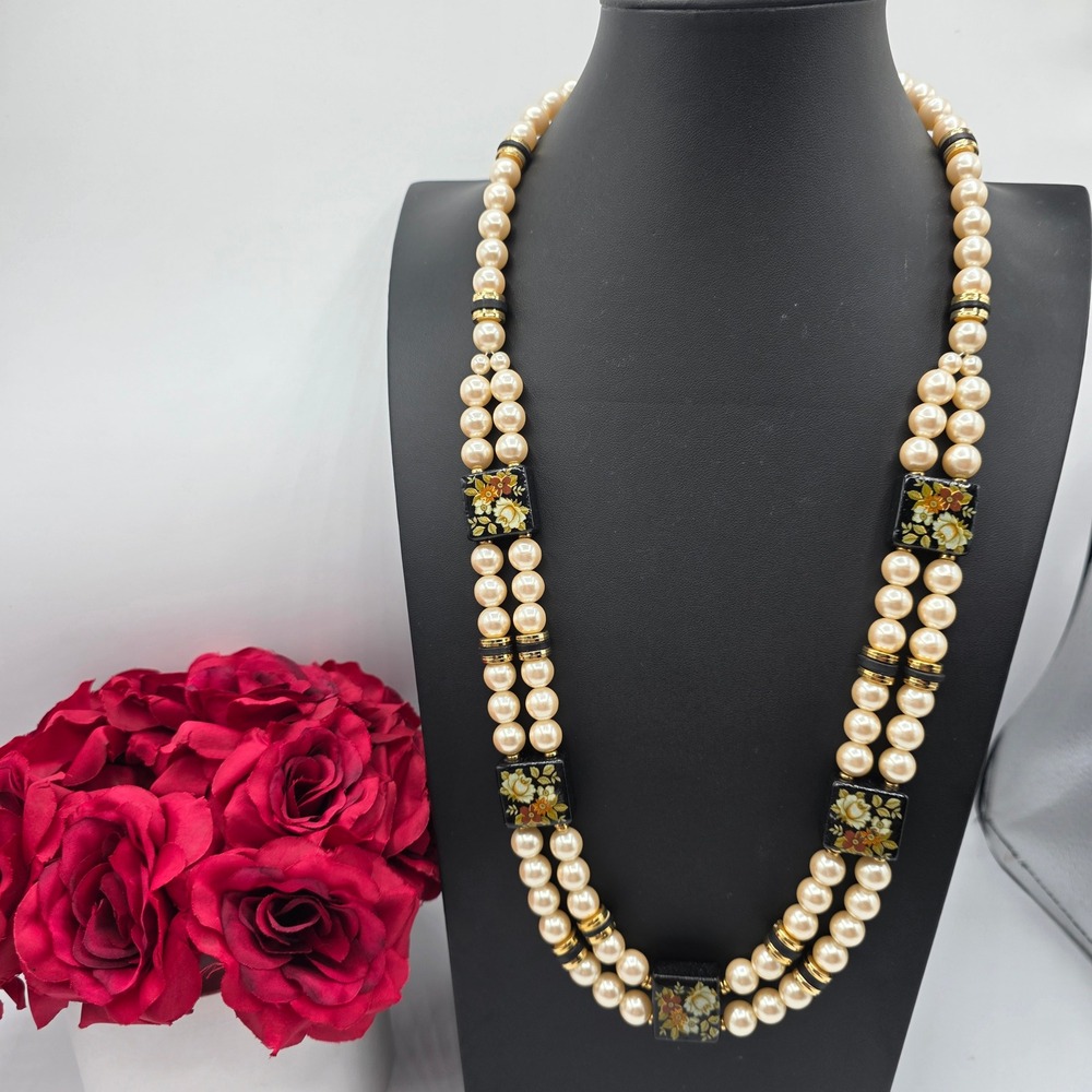 Vintage Japan Double Strand Faux Pearl Necklace Black Floral Hand Painted Beads